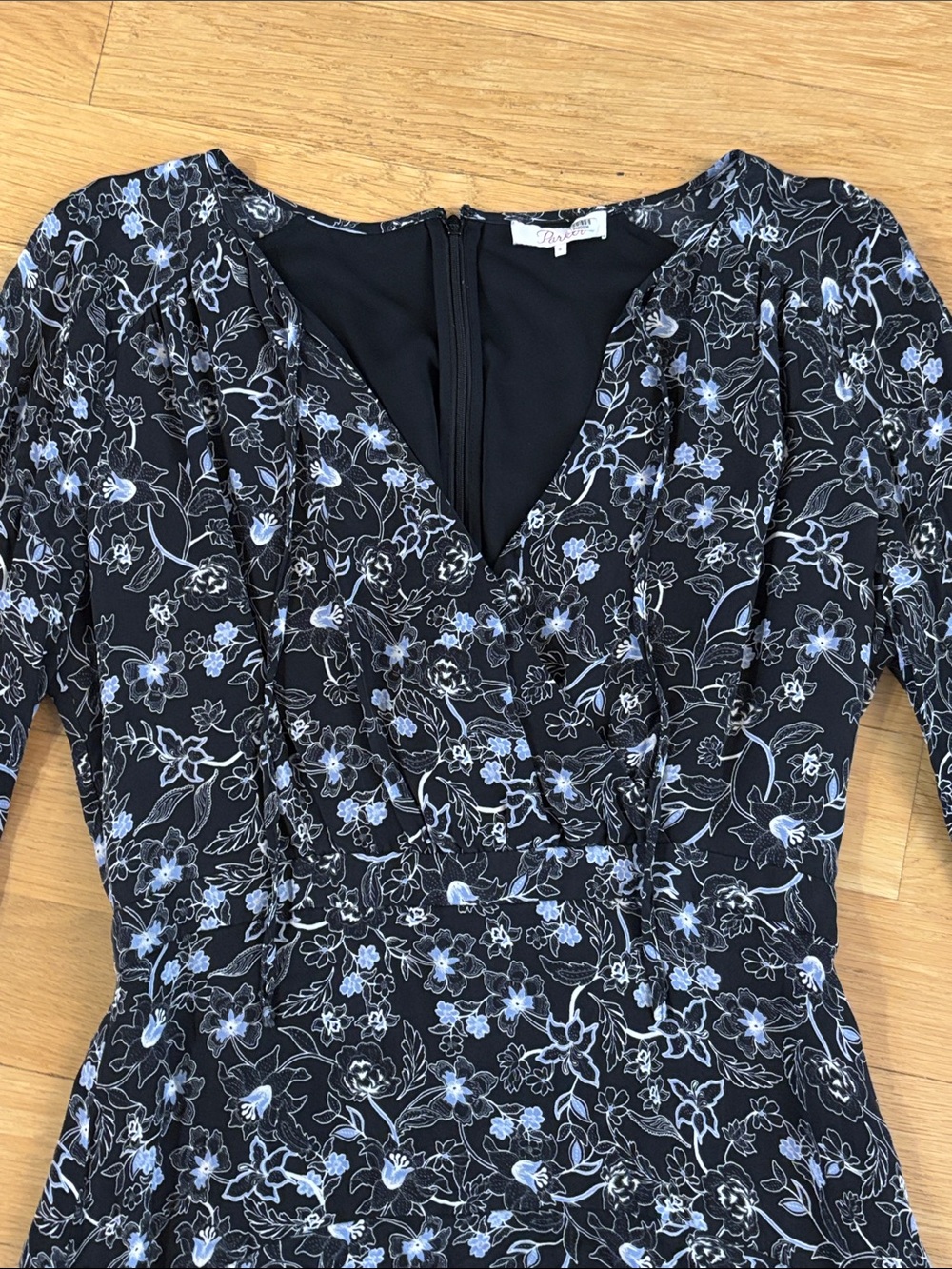 Parker Marengo Silk Blend Floral A-line Dress Medium 8 Long Sleeve Black Blue - Picture 4 of 16